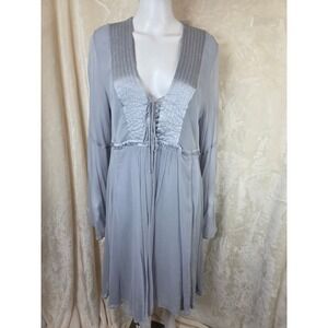 Ghost London Grey Viscose Lace Up V-Neck Bell Sleeve Button Back Midi Dress M